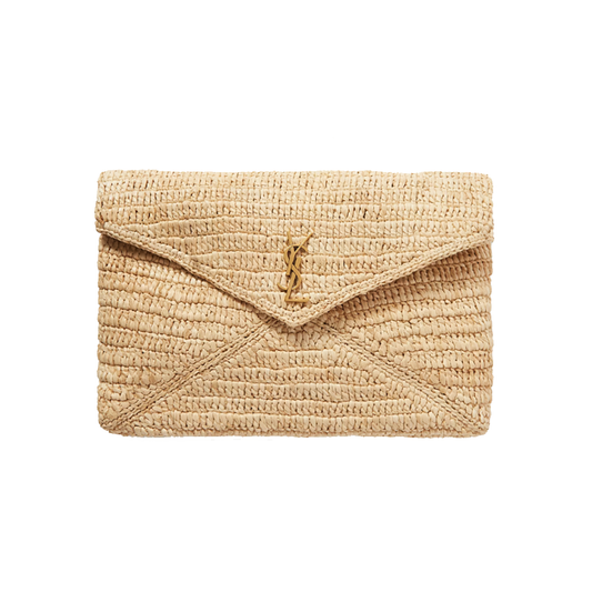 SAINT LAURENT CASSAMDRE RAFFIA CLUTCH BAG IN NEUTRAL