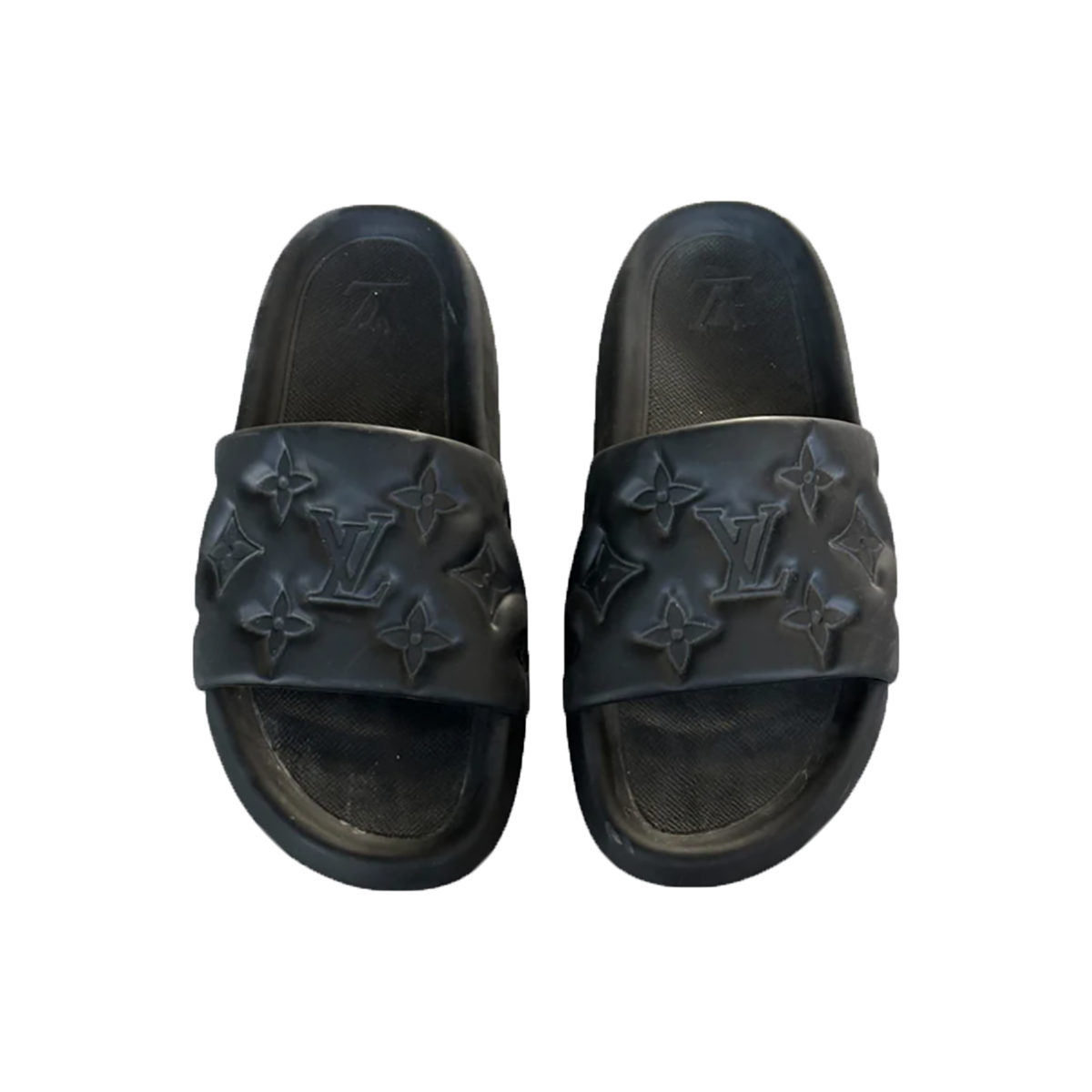 PRELOVED LOUIS VUITTON EMBOSSED MONOGRAM SLIDERS IN BLACK