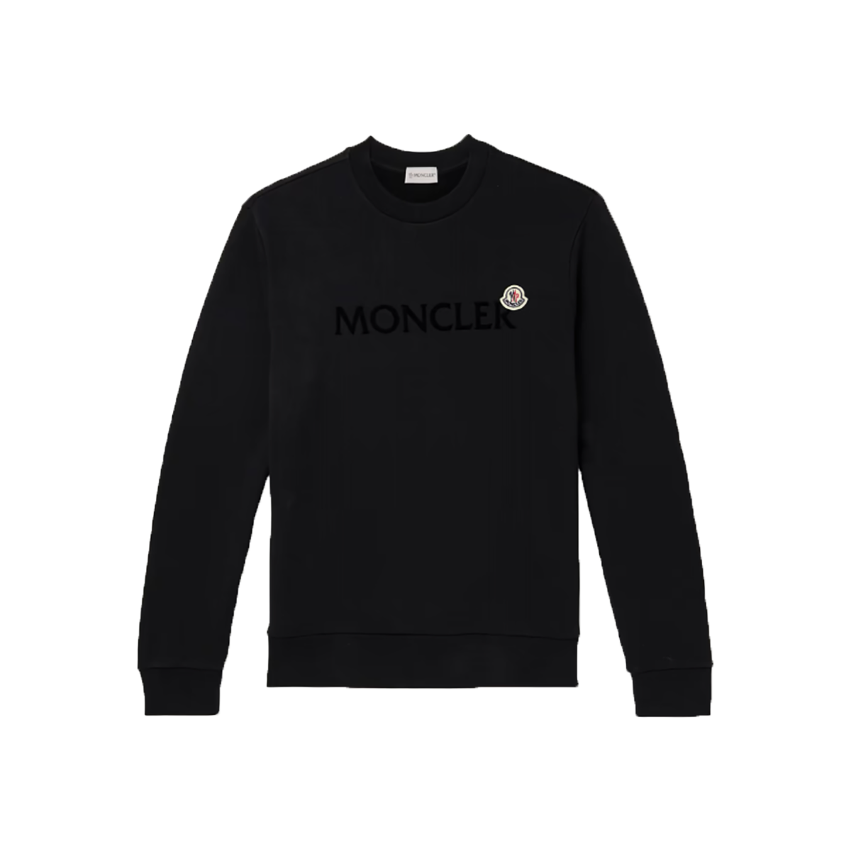MONCLER LOGO FLOCKED COTTON SWEATER IN BLACK