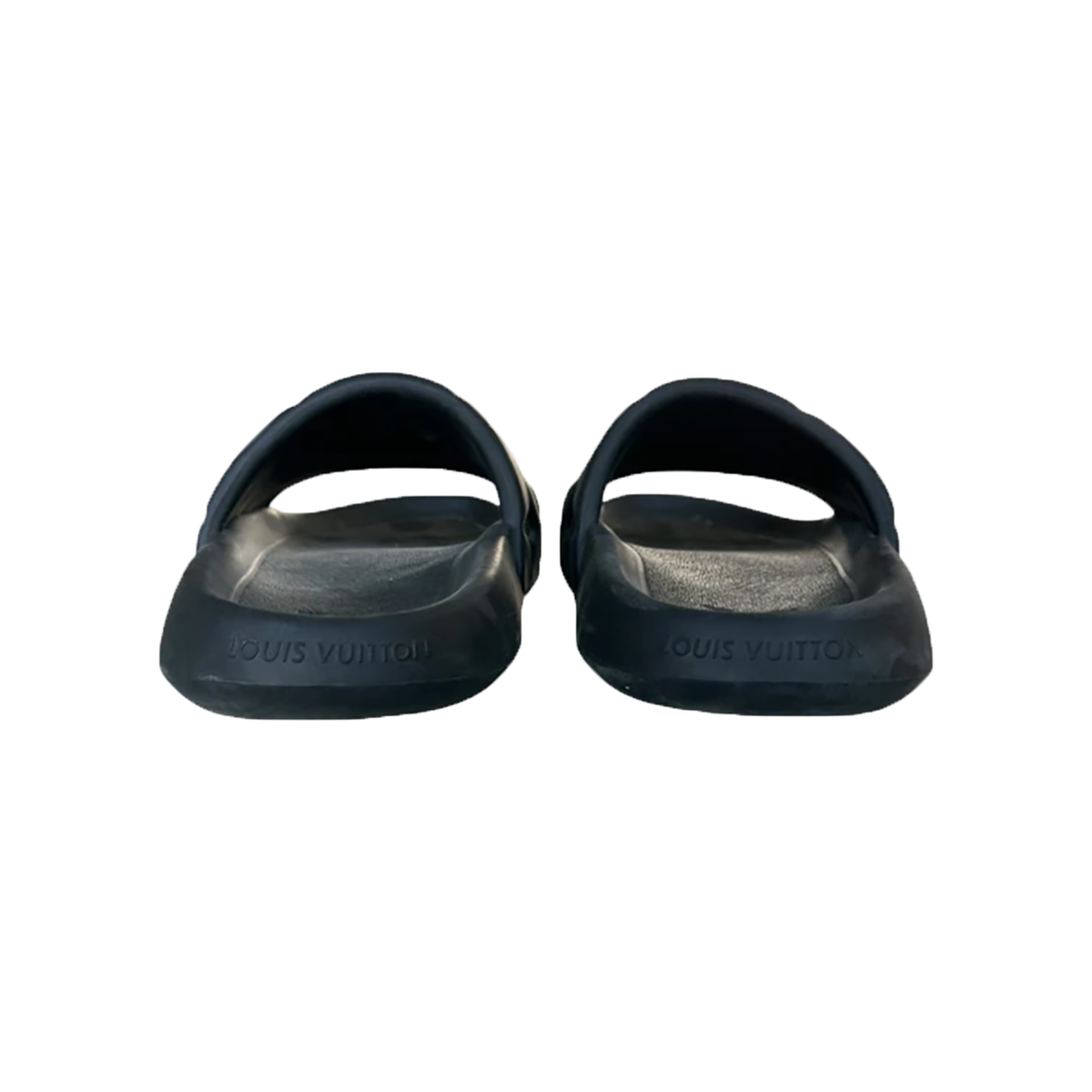 PRELOVED LOUIS VUITTON EMBOSSED MONOGRAM SLIDERS IN BLACK