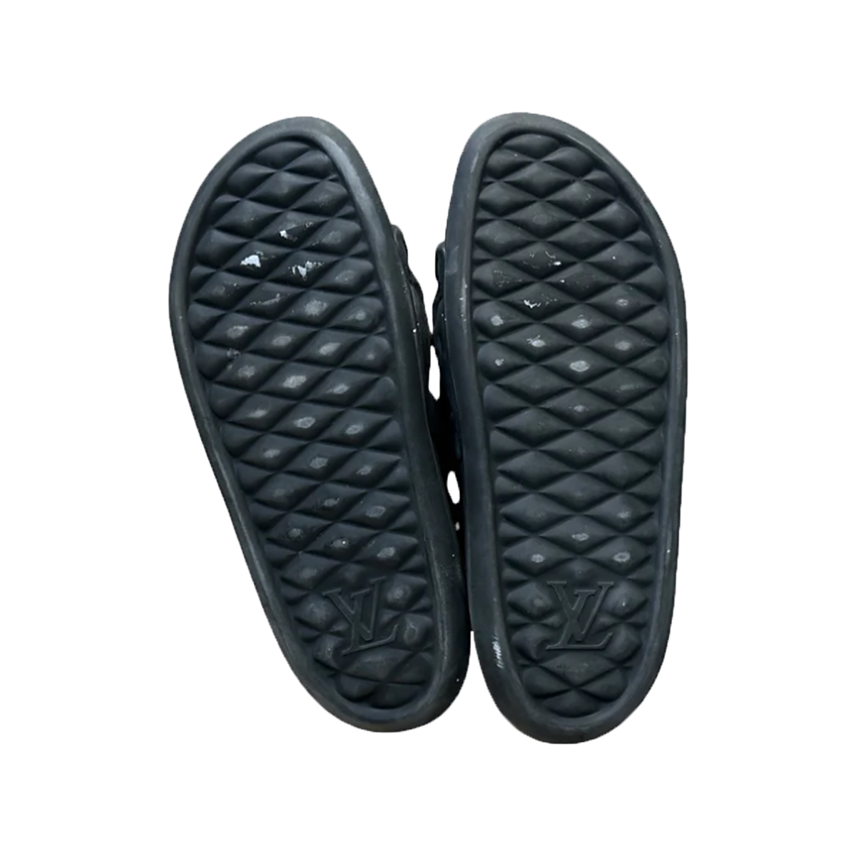 PRELOVED LOUIS VUITTON EMBOSSED MONOGRAM SLIDERS IN BLACK