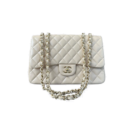 CHANEL QUILTED LAMBSKIN JUMBO FLAP BAG IN BEIGE
