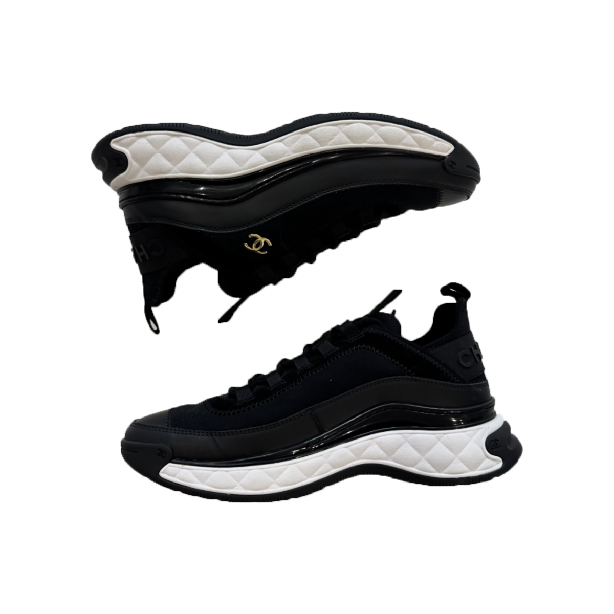 PREOVED CHANEL VELVET CALFSKIN CC TRAINERS IN BLACK